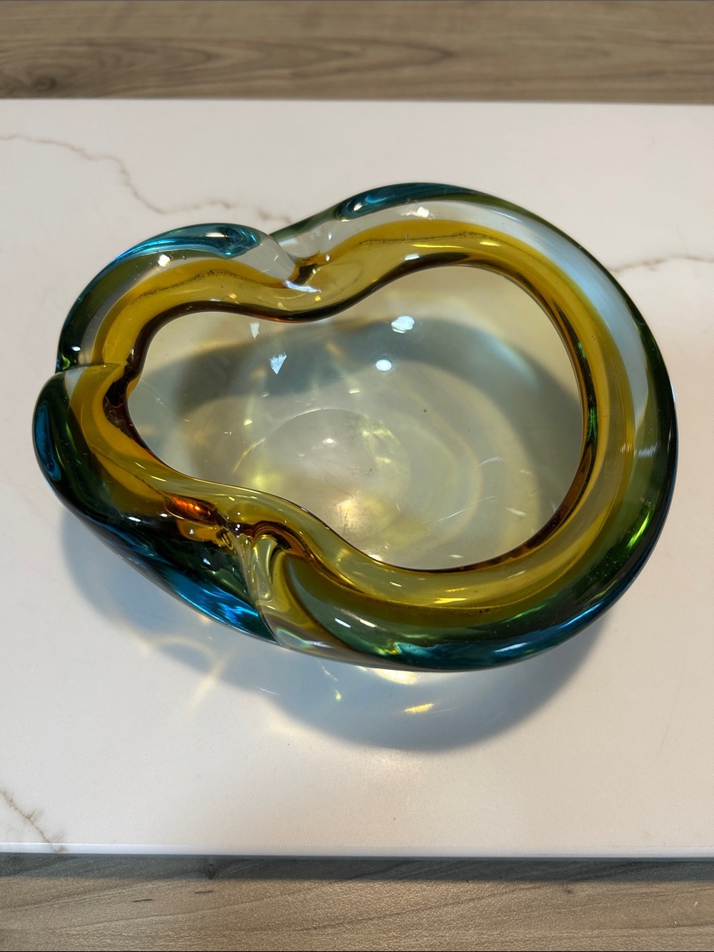 Murano-Style Blue and Amber Art Glass Bowl